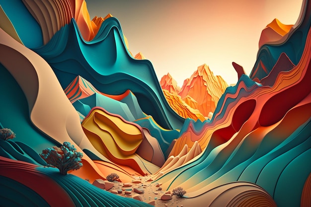 A colorful illustration of a mountain landscape with a blue and orange background.