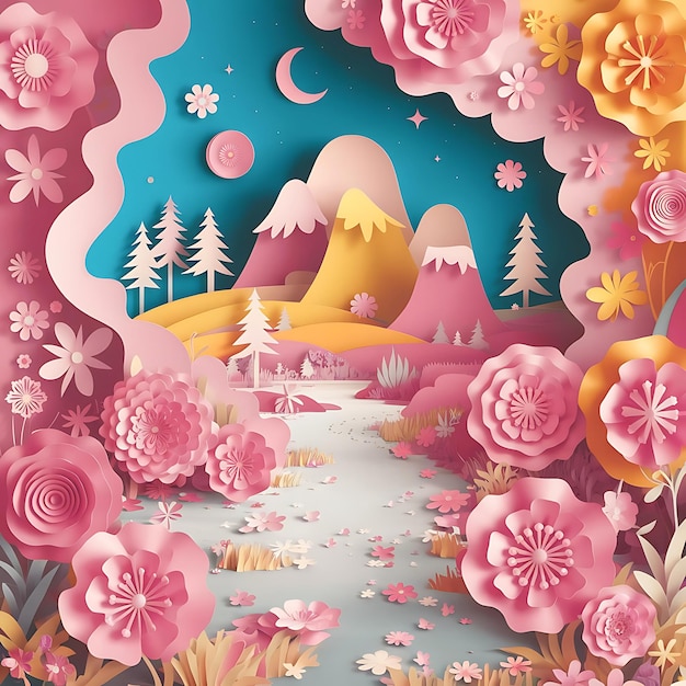 A colorful illustration of a mountain landscape with flowers