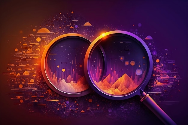 A colorful illustration of a mountain landscape with a magnifying glass.