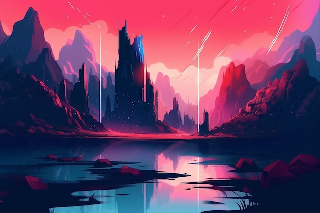 A colorful illustration of a mountain landscape with a pink and blue sky