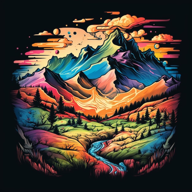 A colorful illustration of a mountain landscape with a river running through it.