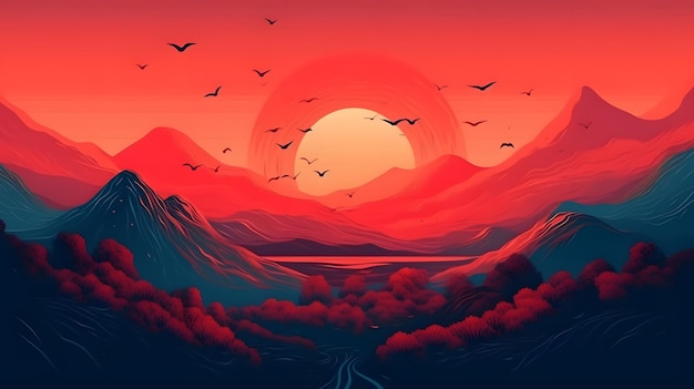 A colorful illustration of a mountain landscape with a sunset and a bird flying above it.