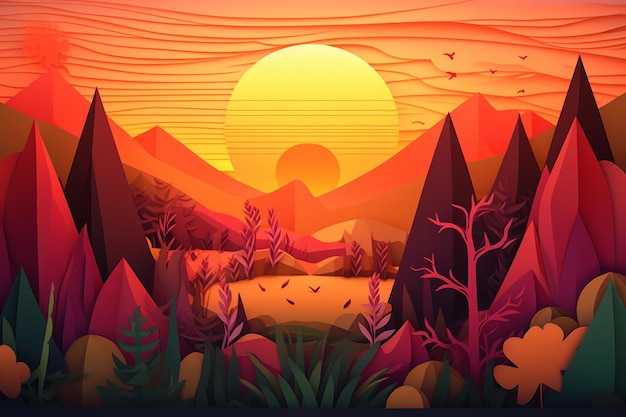 A colorful illustration of a mountain landscape with a sunset and a forest.