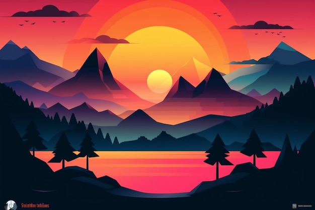 A colorful illustration of a mountain landscape with a sunset and mountains.