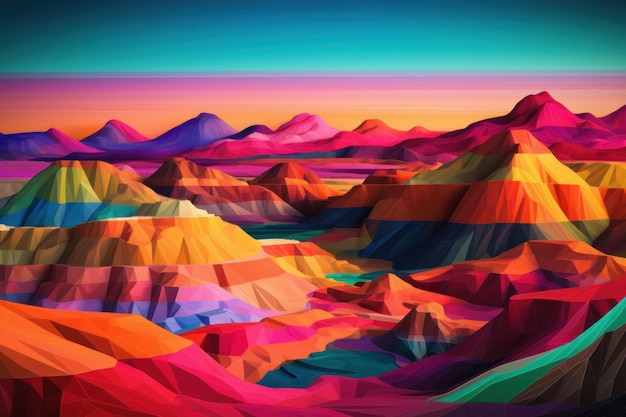 A colorful illustration of a mountain range with a colorful background.