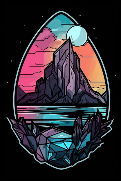 A colorful illustration of a mountain with a moon and the words " the rocks "