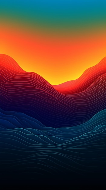 A colorful illustration of mountains with a sunset in the background.