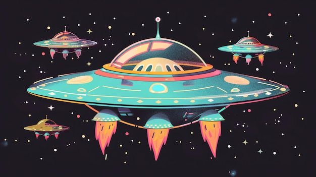 A colorful illustration of multiple flying saucers against a starry night sky