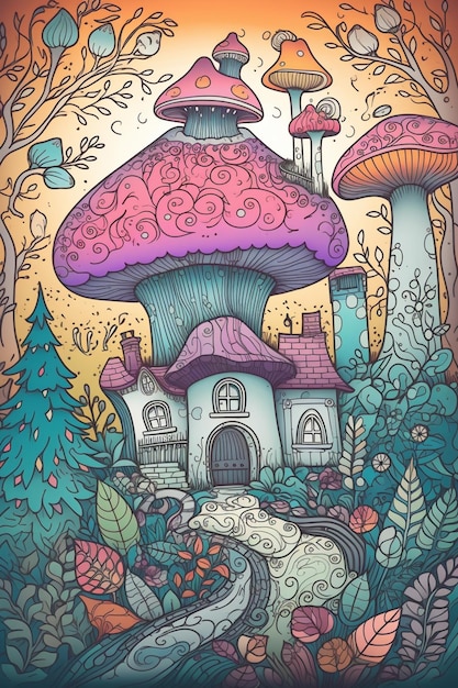 A colorful illustration of a mushroom house with a pink roof and a mushroom house in the background.