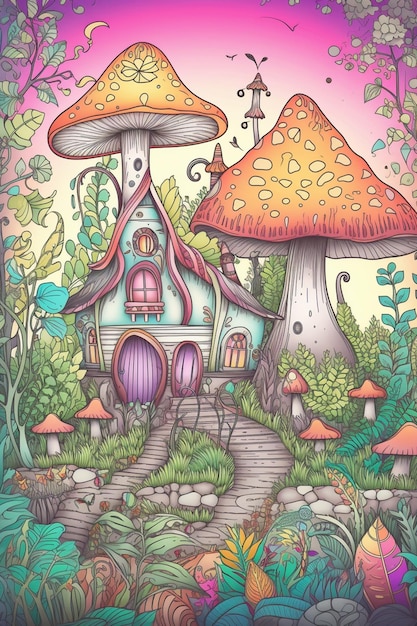 A colorful illustration of a mushroom house with a purple roof and a purple roof.