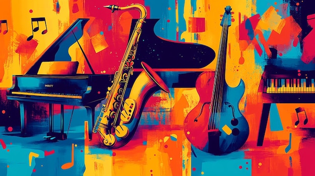 Colorful illustration of musical instruments with vibrant colors and abstract patterns