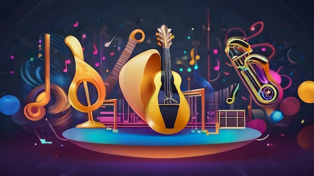 a colorful illustration of a musical theme with a musical instrument