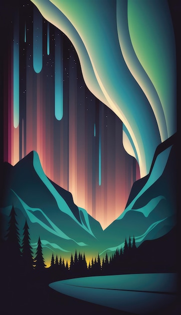 A colorful illustration of a northern lights aurora borealis.