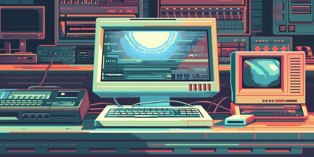 Colorful illustration of a nostalgic 80s computer setup with oldschool monitors and tech gadgets