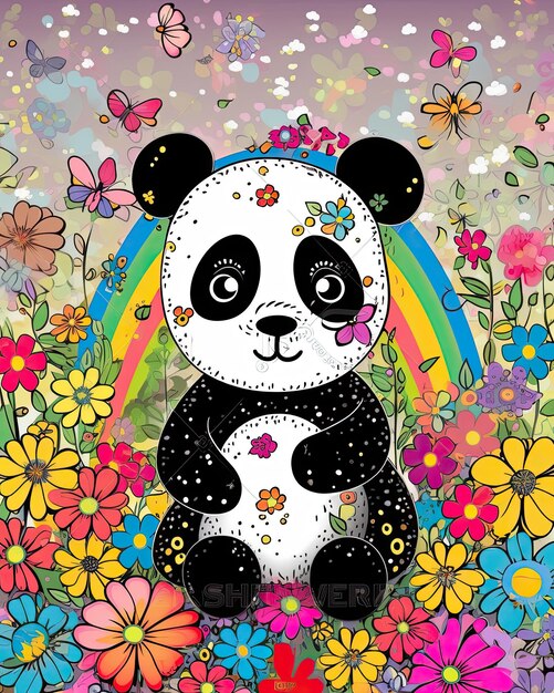 A colorful illustration of a panda with flowers and butterflies.