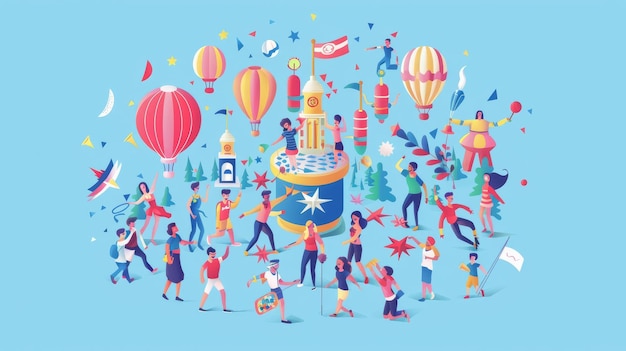 Photo colorful illustration of people celebrating a festive event with fireworks balloons and confetti