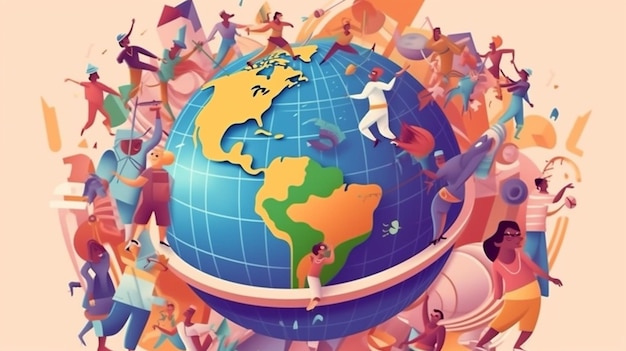 A colorful illustration of people dancing around a globe.