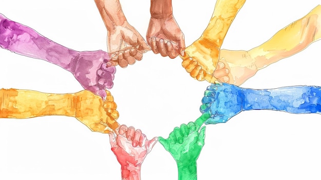 Photo a colorful illustration of people holding hands with different colors of rainbow colors