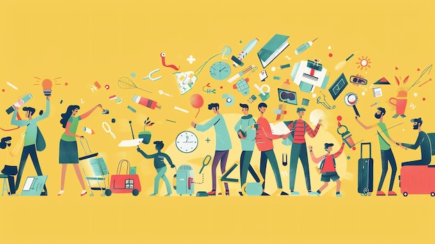 Colorful Illustration of People and Objects on Yellow Background