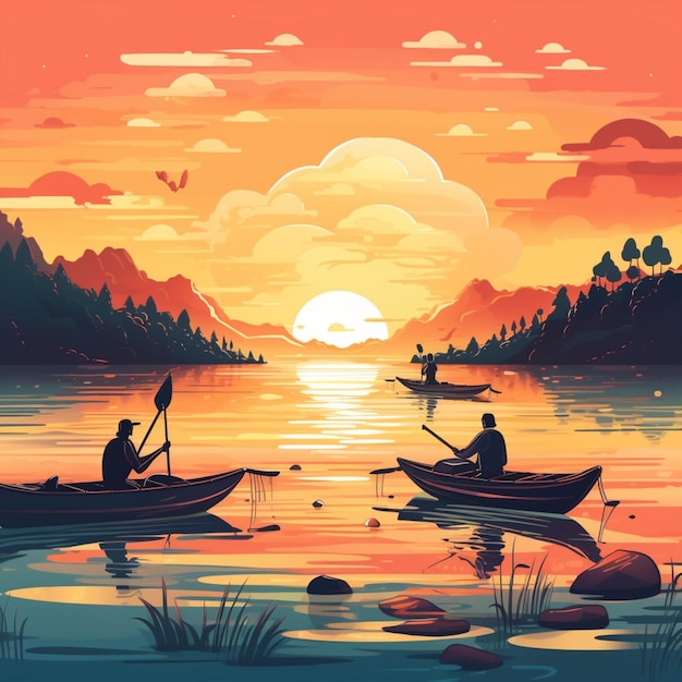 A colorful illustration of people rowing boats on a lake.