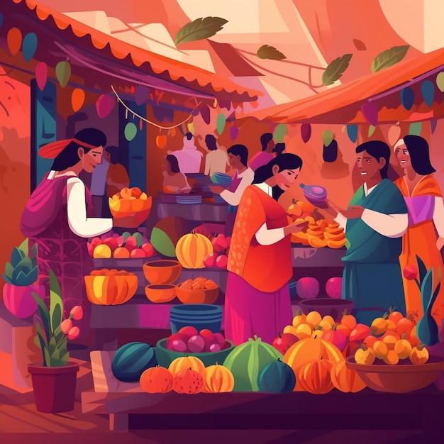 A colorful illustration of people shopping at a market.