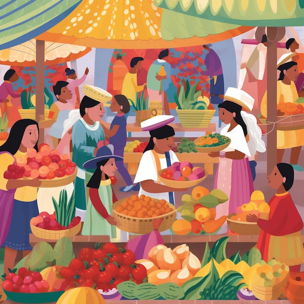 A colorful illustration of people shopping at a market.