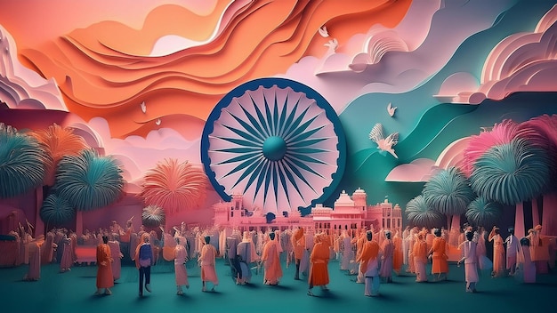 a colorful illustration of people with the words India flag background