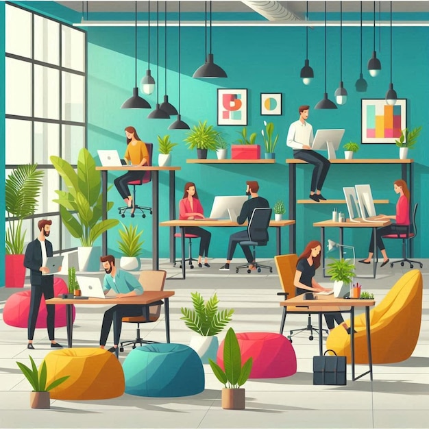 a colorful illustration of people working in a library with plants and a picture of a plant