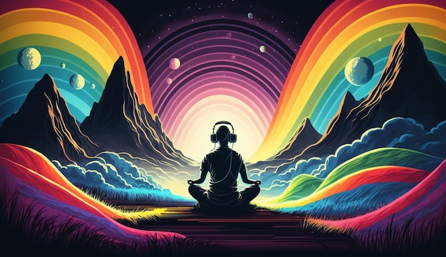 A colorful illustration of a person meditating in front of mountains.