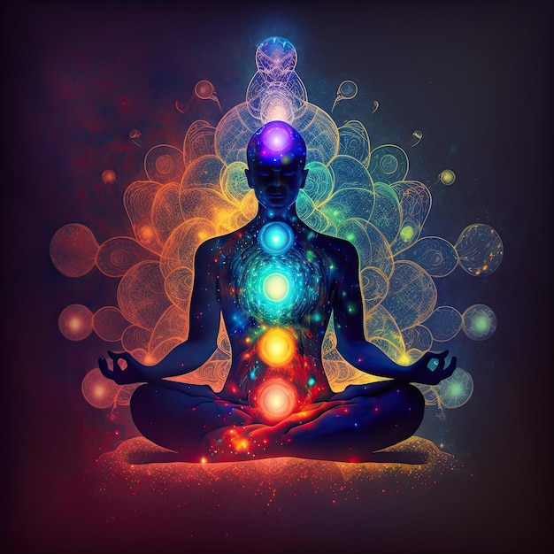 Colorful Illustration of person sitting in pose of lotus Meditation with glowing chakras