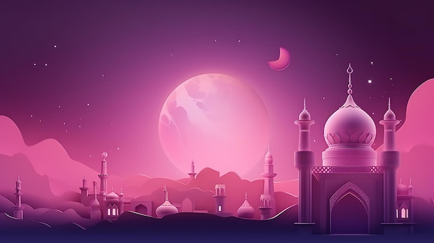 a colorful illustration of a pink moon and a mosque with a pink moon in the background