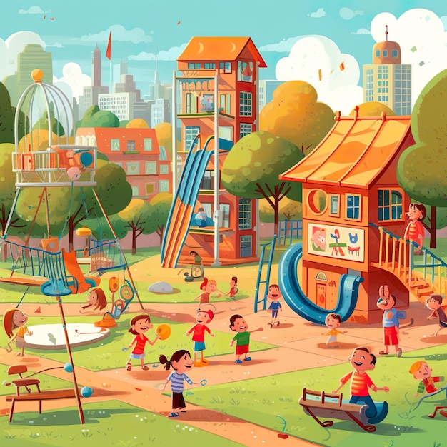 A colorful illustration of a playground with a slide and a boy playing with the word play on it