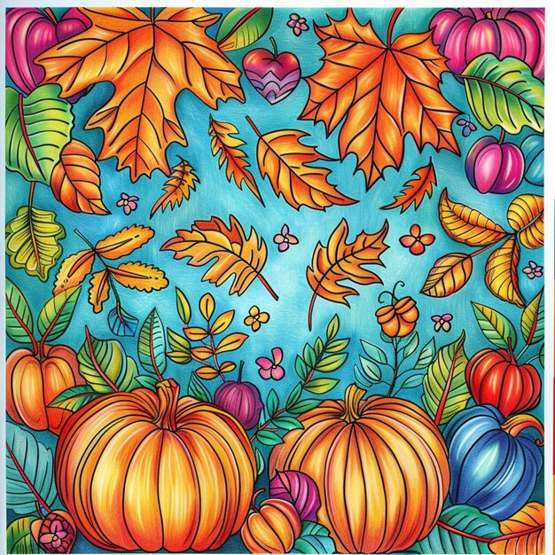 a colorful illustration of pumpkins and autumn leaves