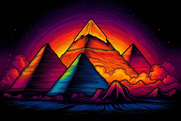 A colorful illustration of the pyramids of egypt.