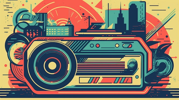 A colorful illustration of a radio with a city in the background.