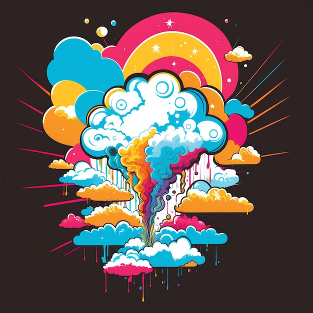 A colorful illustration of a rainbow and clouds