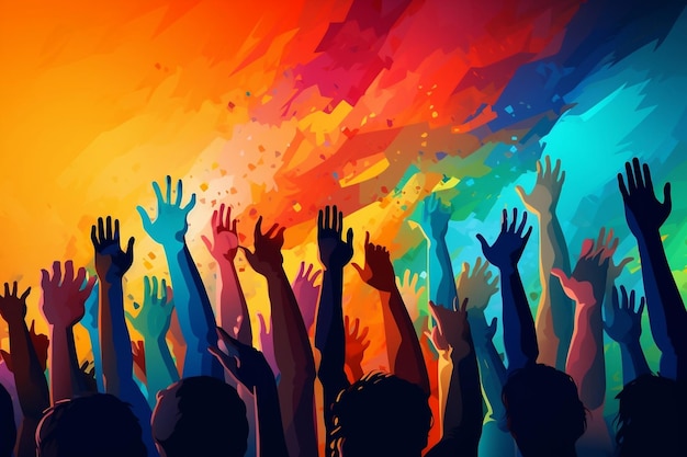 A Colorful Illustration of Raised Hands in Our Multicultural Society Generative AI