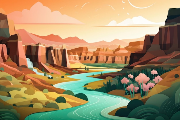 A colorful illustration of a river in the desert.