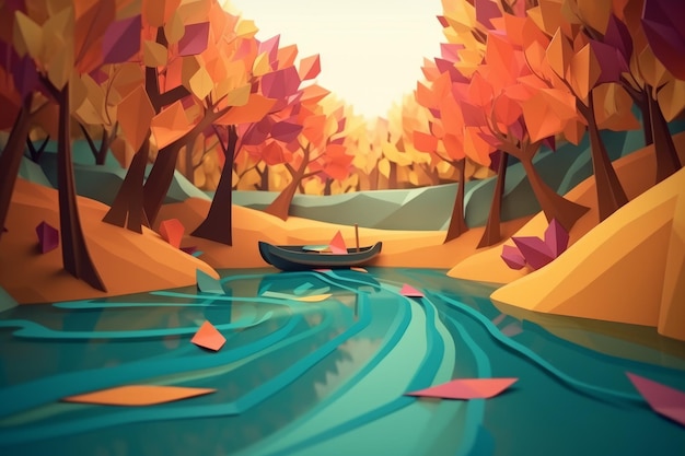 A colorful illustration of a river with a boat in the middle of it.