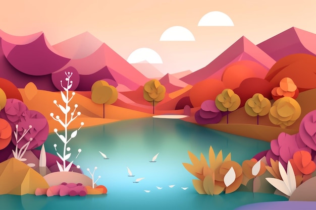 A colorful illustration of a river with a lake and mountains in the background.