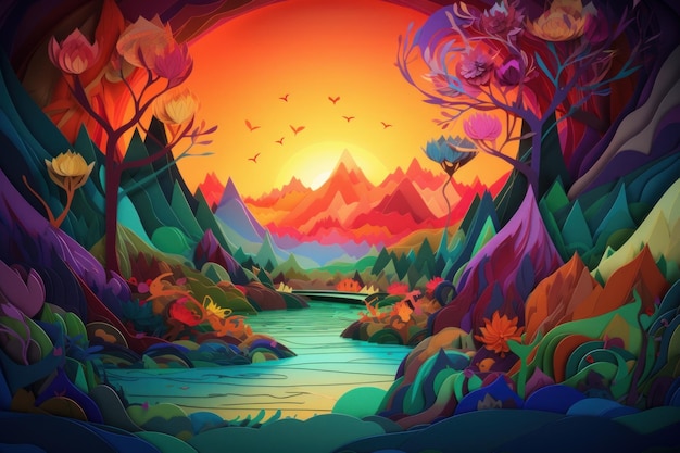 A colorful illustration of a river with mountains in the background.