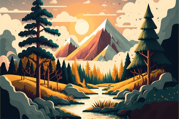 A colorful illustration of a river with mountains in the background.