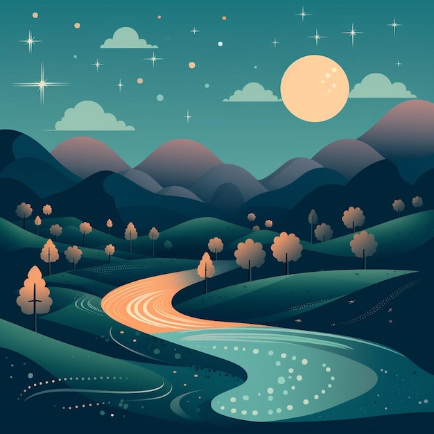 A colorful illustration of a river with mountains and the moon.