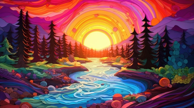 A colorful illustration of a river with a sunset in the background.