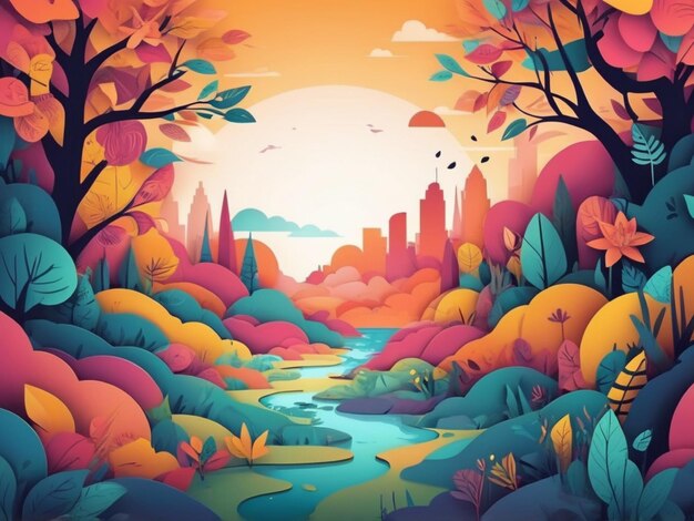 Photo a colorful illustration of a river with trees and a river with a river in the background