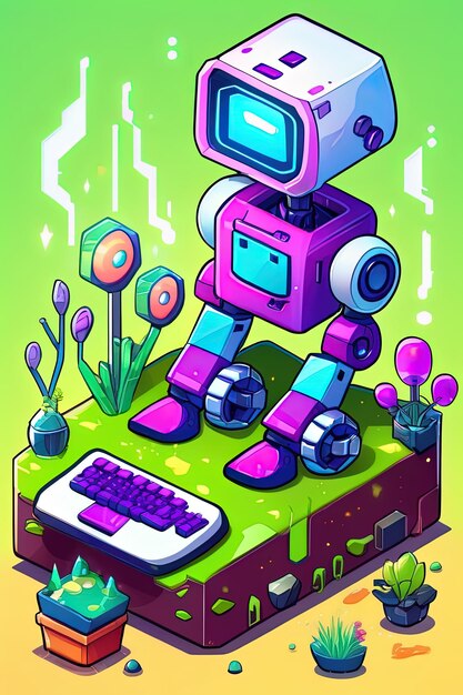 a colorful illustration of a robot with a purple keyboard.