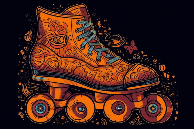 A colorful illustration of a roller skates with a pattern of the word rollers on it.