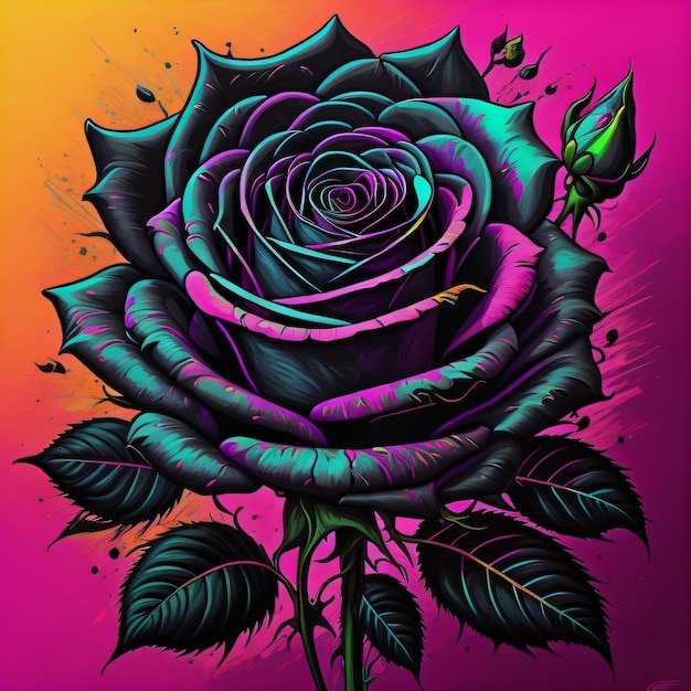 A colorful illustration of a rose with a pink background and a green leaf on it.