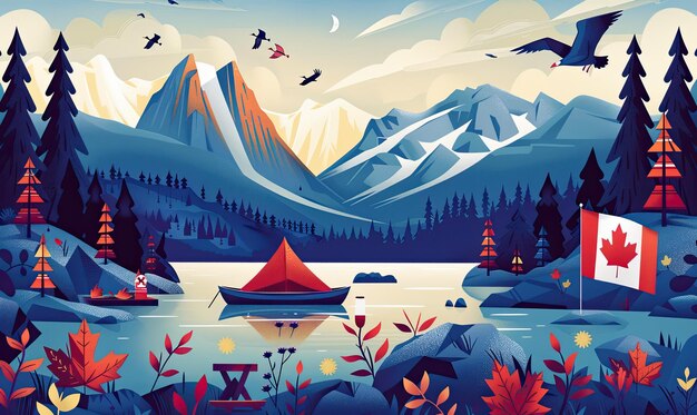 Photo a colorful illustration of a serene lakeside landscape with a person canoeing