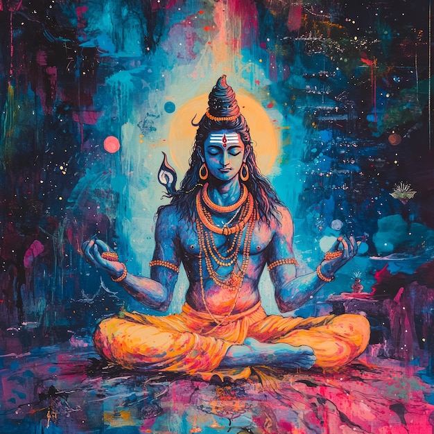 A colorful illustration of Shiva in a meditative pose surrounded by vibrant colors and cosmic imagery